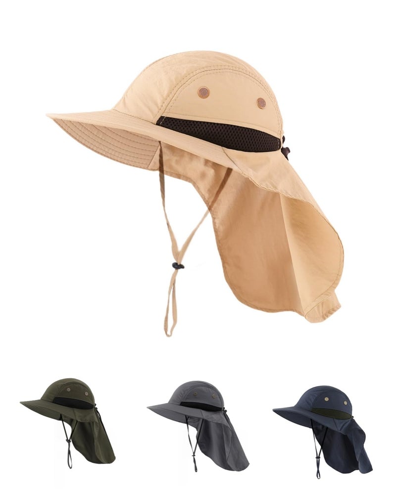 LLmoway Mens Outdoor Sun Protection Cap Wide Brim Breathable Mesh Boonie Hat with Neck Flap Khaki - Image 1